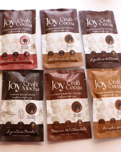 6 packs of Joy Craft Cocoa Chocolate Strawberry, Hot Chocolate Chai, Signature Hot Chocolate. Signature Mocha, Mexican Hot Chocolate, Pumpkin Spice