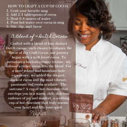 a picture of chef saidah farrell puring cocoa with a text overlay explaining how to make a cup of hot chocolate