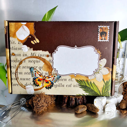 joy craft cocoa shipping box decorated with spilled cocoa, butterfly