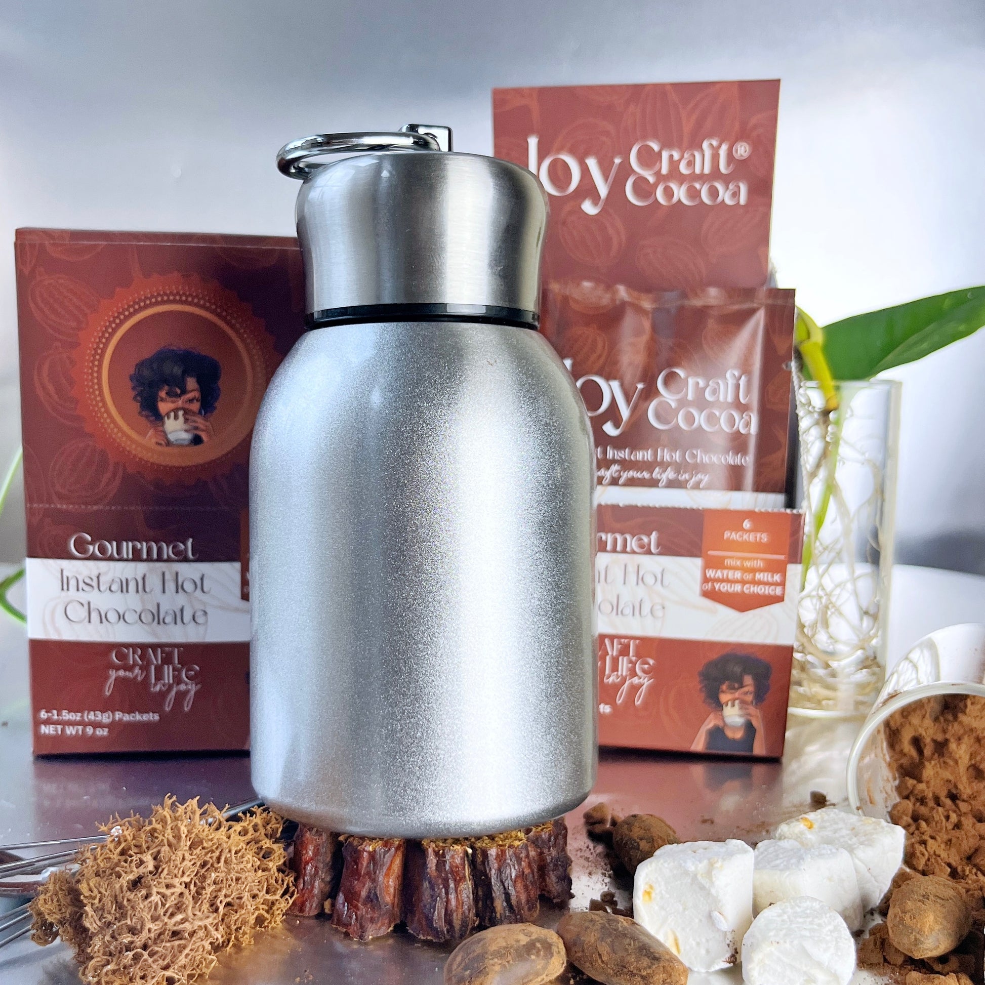 joy craft cocoa thermos with joy craft cocoa gourmet instant hot chocolate mix in the back